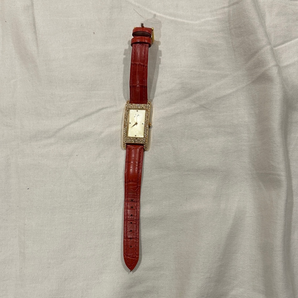 Vintage Women's Rectangular Watch with Red Leather Strap